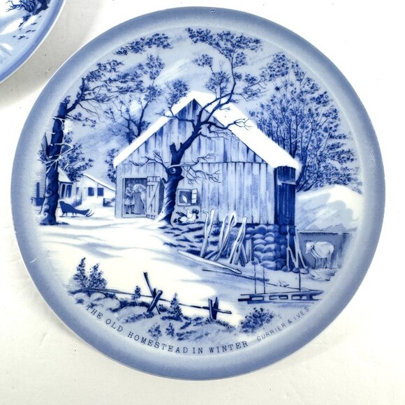 Vintage Blue White Currier & Ives “Old Homestead in Winter” Japan Plate Set of 2 - Picture 2 of 7